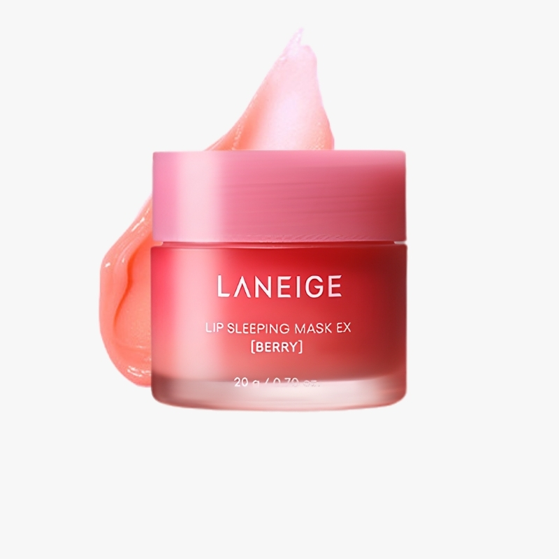 Laneige Lip Sleeping Mask Ex in Berry in a pink jar with a pink balm smear beside it, on a white background, product shot