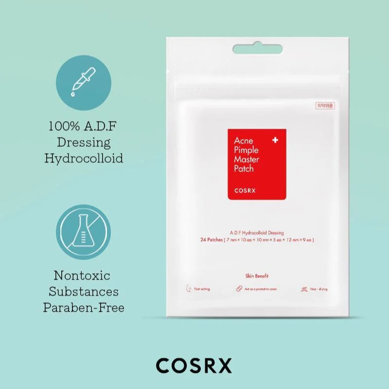 COSRX Acne Pimple Master Patch hydrocolloid patches in a white package on a mint background with a red label on front.