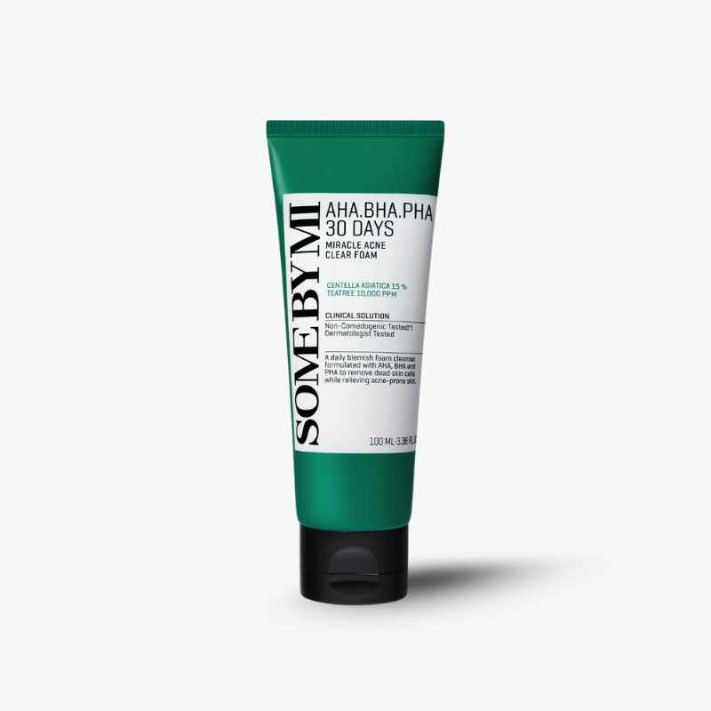 Green and white tube of SOME BY MI AHA BHA PHA 30 Days Miracle Acne Clear Foam with black cap on a white background.