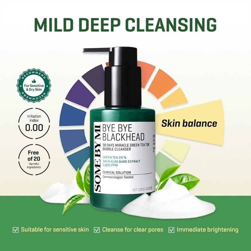 SOME BY MI Bye Bye Blackhead 30 Days Miracle Green Tea Tox Bubble Cleanser - 4.23 Oz, 120g - Korean Face Wash for Removing Blackhead - Daily Pore Minimizer for Face Skin Texture - Korean Skin Care