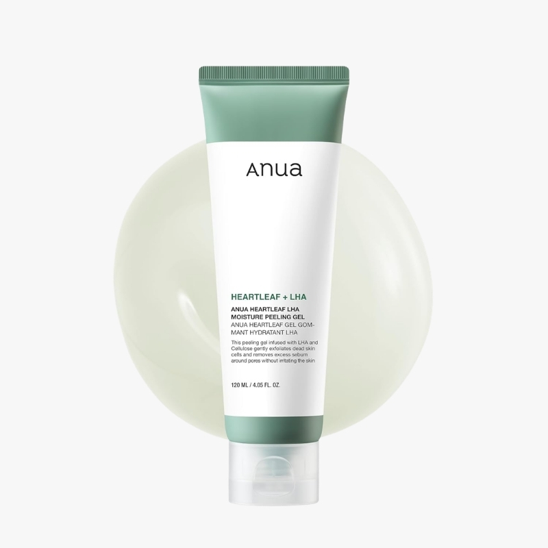 Anua Heartleaf + LHA Moisture Peeling Gel tube against a pale green circle background, front label visible