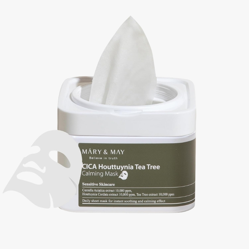 Mary & May CICA Houttuynia Tea Tree Calming Mask jar with a sheet mask lifted out of the container.