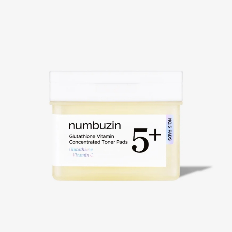 Skincare product: numbuzin Glutathione Vitamin Concentrated Toner Pads container with '5+' label visible on white label area and shadow to the right