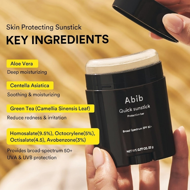 Product image showing Abib sunscreen jar with highlighted ingredients list: Aloe Vera, Centella Asiatica, Green Tea, and chemical filters for broad UVA/UVB protection (quick sunstick).