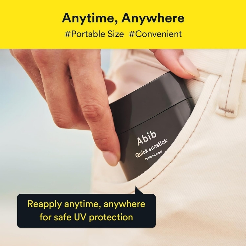 Ad showing a person sliding an Abib Quick Sunstick into a jeans pocket; bold yellow header reads 'Anytime, Anywhere' with a speech bubble: 'Reapply anytime, anywhere for safe UV protection'