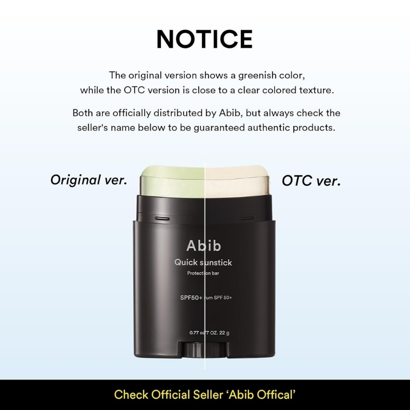 Notice comparing original and OTC Abib Quick Sunstick; left shows greenish original cap, right shows clear OTC version with a split line between the two.