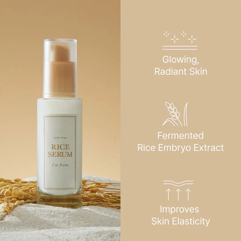 Split ad: a bottle of Rice Serum on the left with grain backdrop; right side lists benefits: glowing skin, fermented rice embryo extract, and improved elasticity.