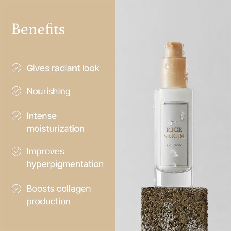 Skincare product ad: beige panel labeled 'Benefits' with check-mark bullets on the left and a Rice Serum bottle on a rock pedestal on the right.
