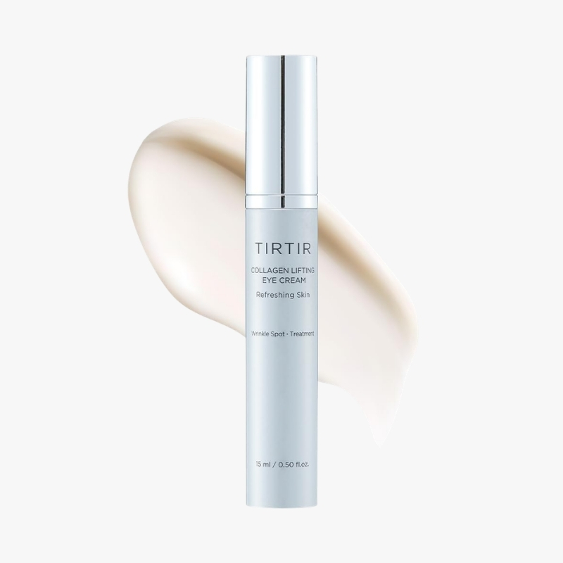 TIRTIR Collagen Lifting Eye Cream bottle with a silver cap and pale blue tube, with a beige cream smear in the background.
