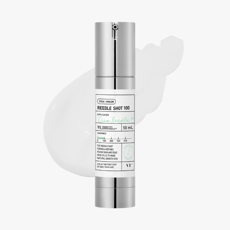 Metallic silver pump bottle of Reedle Shot 100 facial serum with a clinical label on a white background.