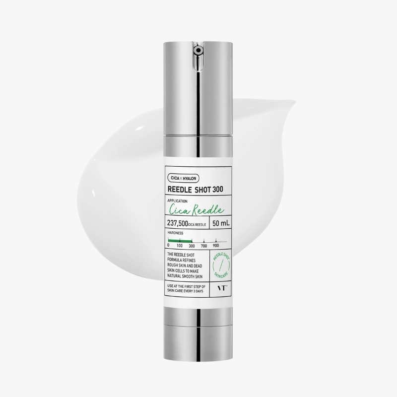 Silver pump bottle labeled Reedle Shot 300 serum with Cica Reede branding, 50 mL, shown against a light background with a white smear behind it.