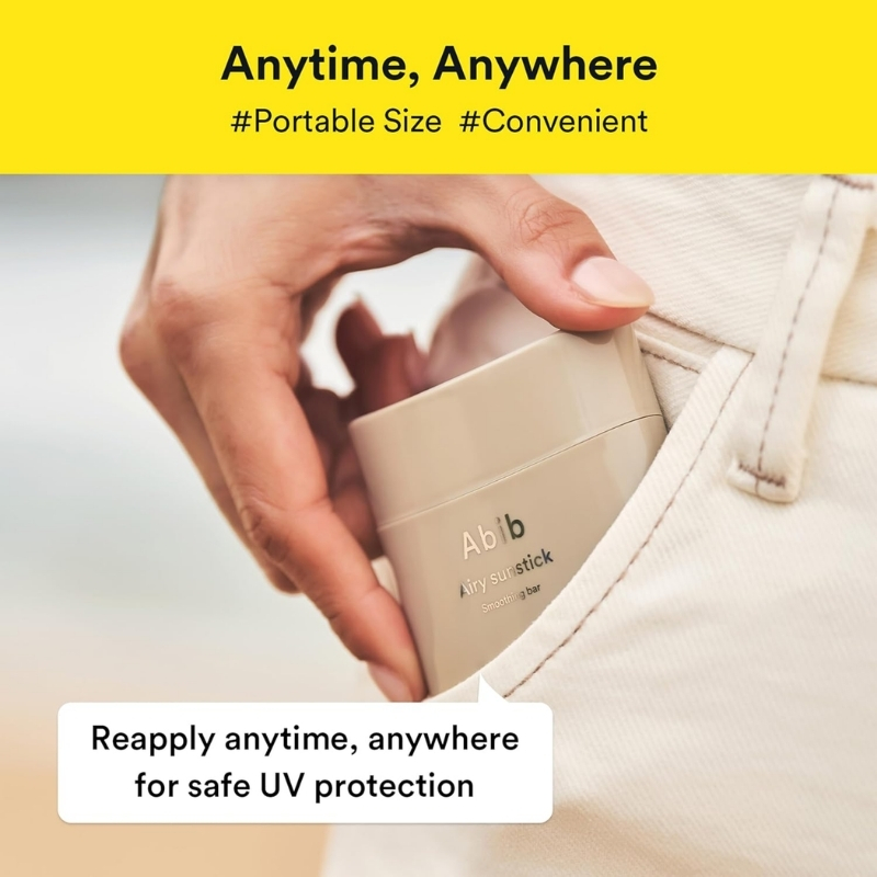 Hands placing a beige Abib sunscreen stick into a pocket; banner reads "Anytime, Anywhere" and caption promotes reapplying for UV protection.