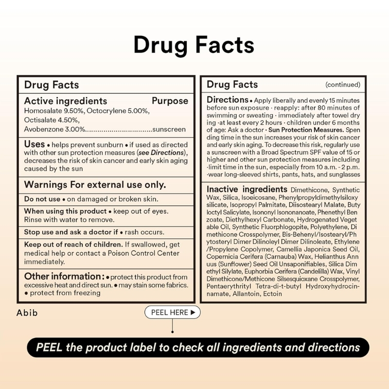 Infographic Drug Facts label with two columns listing ingredients, uses, warnings and directions; peel here to check ingredients.