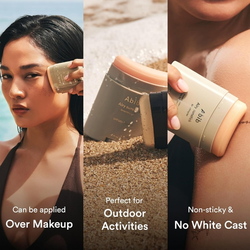 Three-panel ad showing sunscreen use: woman applying foundation-like product to her face, beach scene with sunscreen in sand, and a close-up of a hand applying lotion on the shoulder; conveys sun protection product benefits.