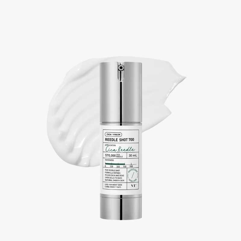 Silver pump bottle of Reedle Shot 700 skincare product beside a white cream swatch on a plain background.