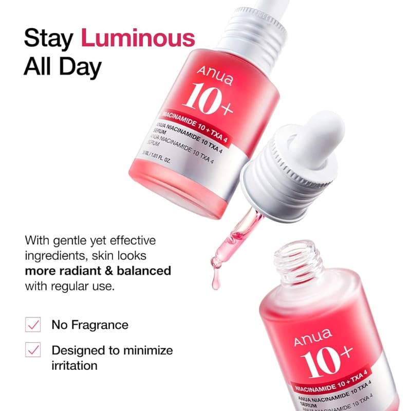 ANUA Niacinamide 10 + TXA 4 Serum, Hyaluronic Acid, Tranexamic acid, Vitamin B12, Facial Serum for Glass Skin, Clarifying, Radiant Complexion with Natural Color, Korean Skin Care
