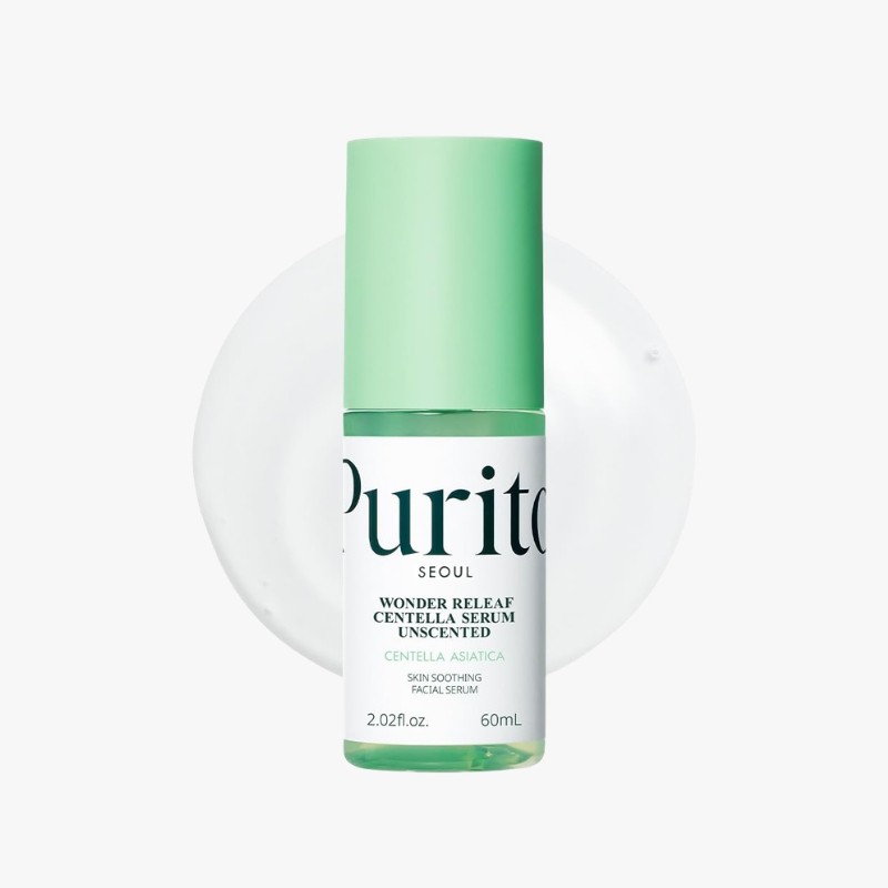 Purito Wonder Relief Centella Serum bottle with green cap against a white background (60 ml)