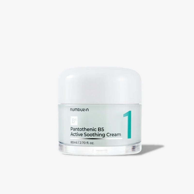 Cream jar labeled Pantothenic B5 Active Soothing Cream, 80 ml, with a teal large '1' on the label and white lid.