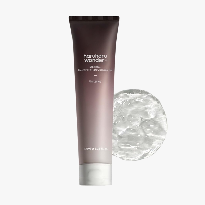 Tube of Haruharu Wonder Black Rice Moisture 5.5 Soft Cleansing Gel, unscented, with a clear gel blob beside it.