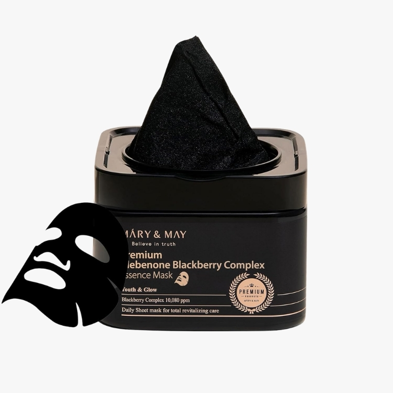 Jar of Mary & May Premium Blackberry Complex Essence Mask with a black sheet mask draped over the lid in front of a white background, highlighting skincare product for facial care.