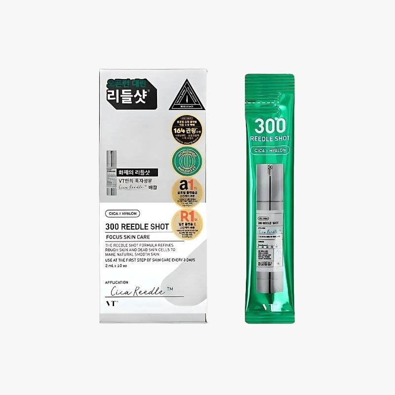 Korean skincare product box and a green refill pouch labeled '300 Reeedle Shot' with Cica Hyalon, for skin care use (focus on skin repair).