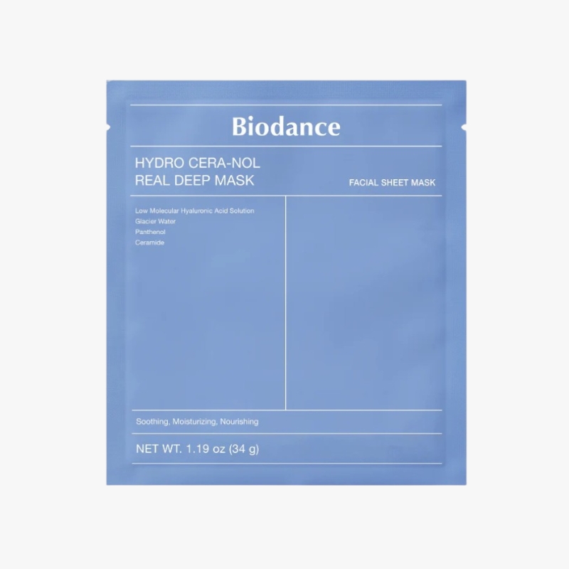 Blue Biodance Hydro Cera-Nol Real Deep Mask facial sheet mask package, net weight 1.19 oz (34 g) displayed on front