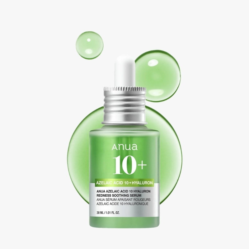 Green bottle of Anua 10+ Azelaic Acid 10+ Hyaluronic serum with dropper, set against abstract green circles; skincare product focus (informative).