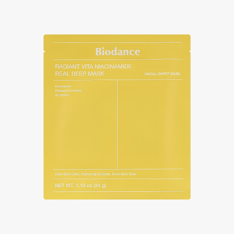 Yellow Biodance facial sheet mask package labeled Radiant Vita Niacinamide Real Deep Mask, net weight 1.19 oz (34 g).