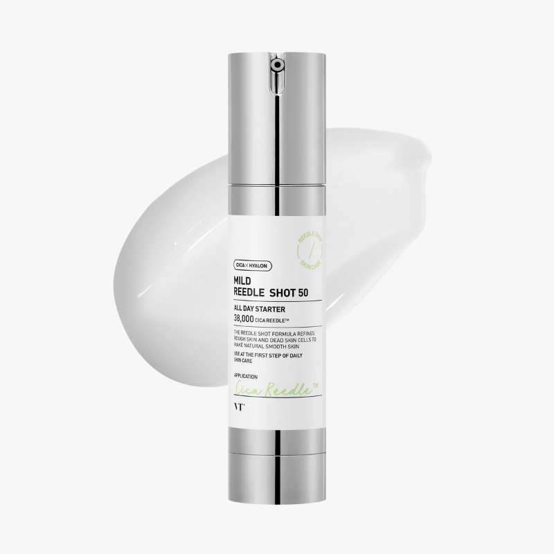 Silver cylindrical spray bottle with pump top, labeled as a skincare product (MILD REEDLE SHOT 50) with a white label and green seal, set against a white background.
