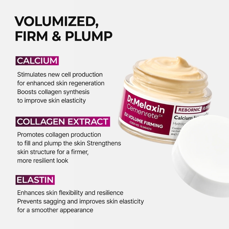 Dr Melaxin Cemenrete Calcium Intense Cream Use of skin calcium REBORNIC patented raw material - Up to 127% improvement in the volume of sunken areas under the eyes Completed clinical test - 30ml large capacity, can be generously applied to the entire area around the eyes and under the eyes