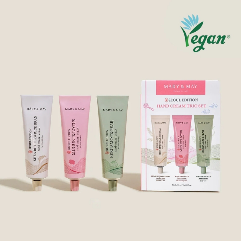 Mary&May SEOUL EDITION Shea Butter & Rice Bran Hand Cream Trio Set - Korean Nourishing Vegan Hand Moisturizer for Soft, Healthy Hands - 3 Different Formula & Scent