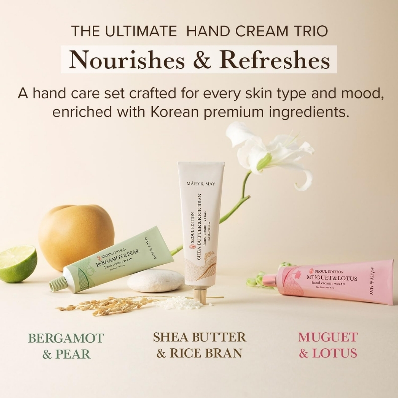 Mary&May SEOUL EDITION Shea Butter & Rice Bran Hand Cream Trio Set - Korean Nourishing Vegan Hand Moisturizer for Soft, Healthy Hands - 3 Different Formula & Scent