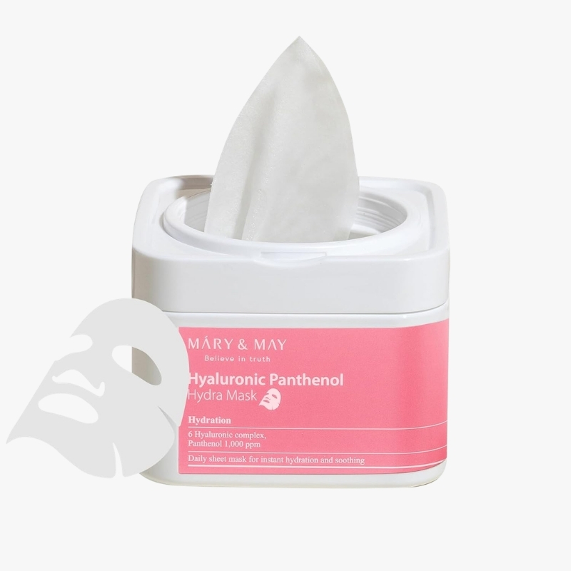 Container of Mary & May Hyaluronic Panthenol Hydra Mask with a white sheet mask partially pulled out for hydration skincare.