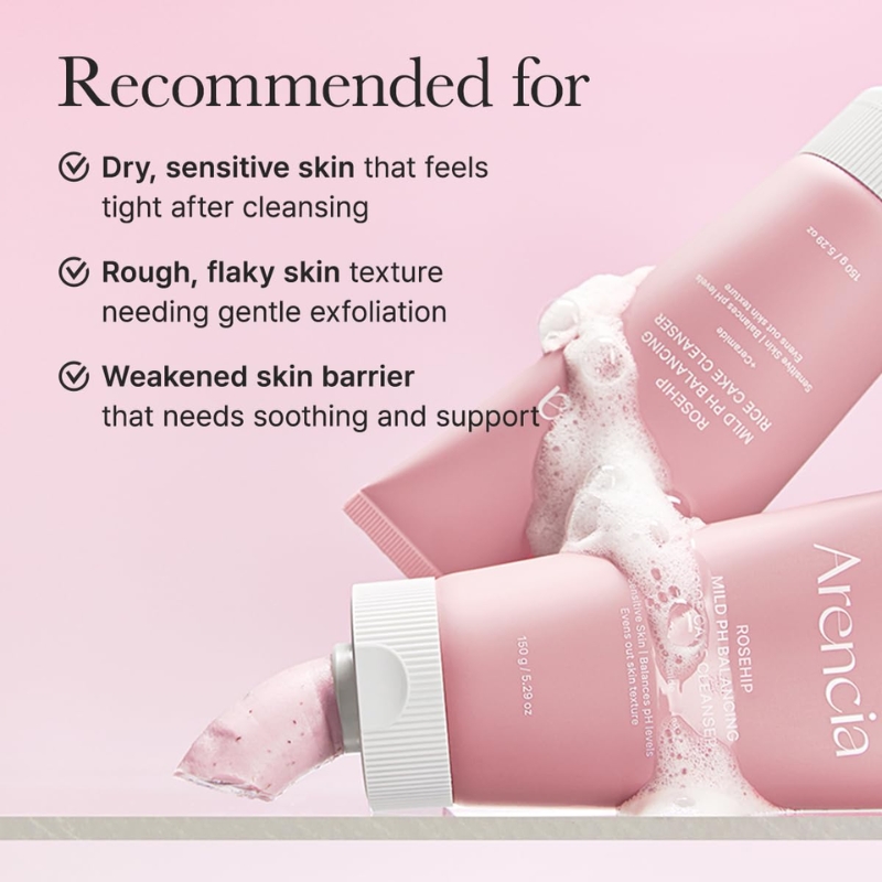 ARENCIA Rosehip Rice Cake Cleanser, pH Balancing Face Wash with Ceramide for Sensitive Skin