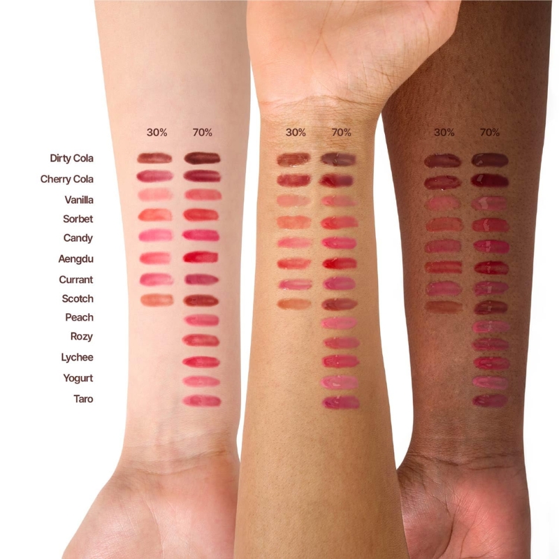 Swatches of lipstick colors on three arms with shade names (Dirty Cola, Cherry Cola, Vanilla, Sorbet, Candy, Aengdu, Currant, Scotch, Peach, Rozy, Lychee, Yogurt, Taro) and 30%/70% markers, for color comparison.