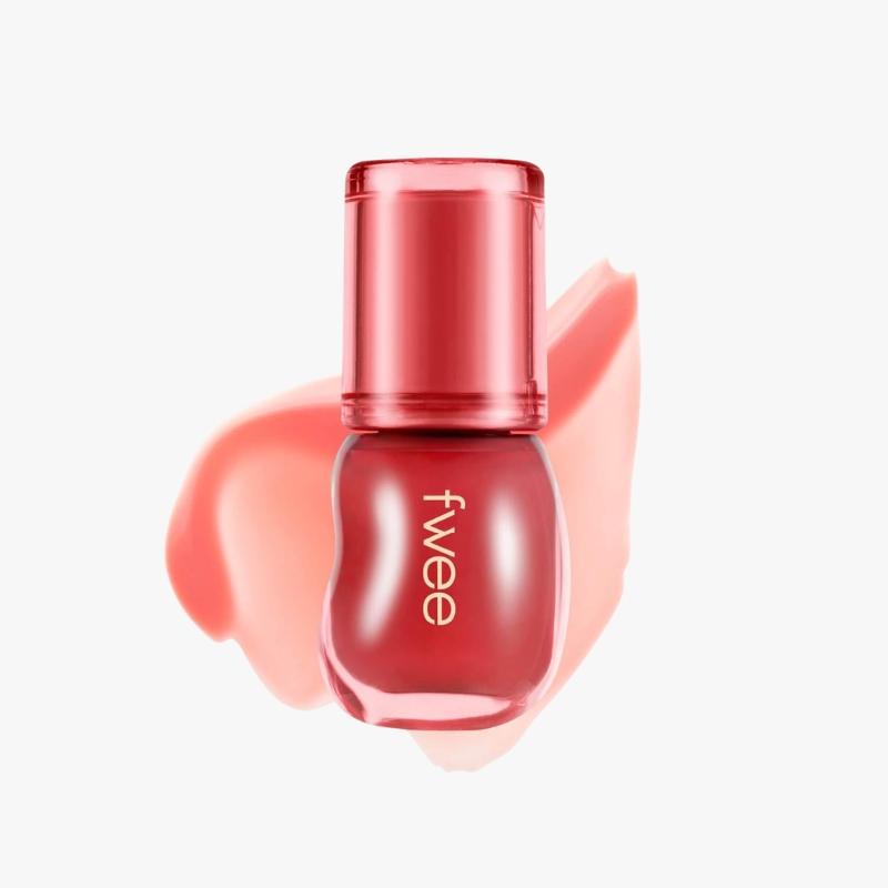 Red nail polish bottle with pink cap, brand 'fivee', and a smear of polish behind it.