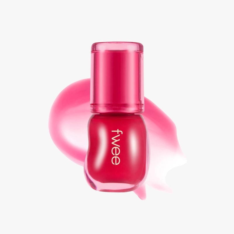 Pink nail polish bottle with a glossy pink cap; the bottle shows the brand name 'fivee' and a pink swatch in the background.