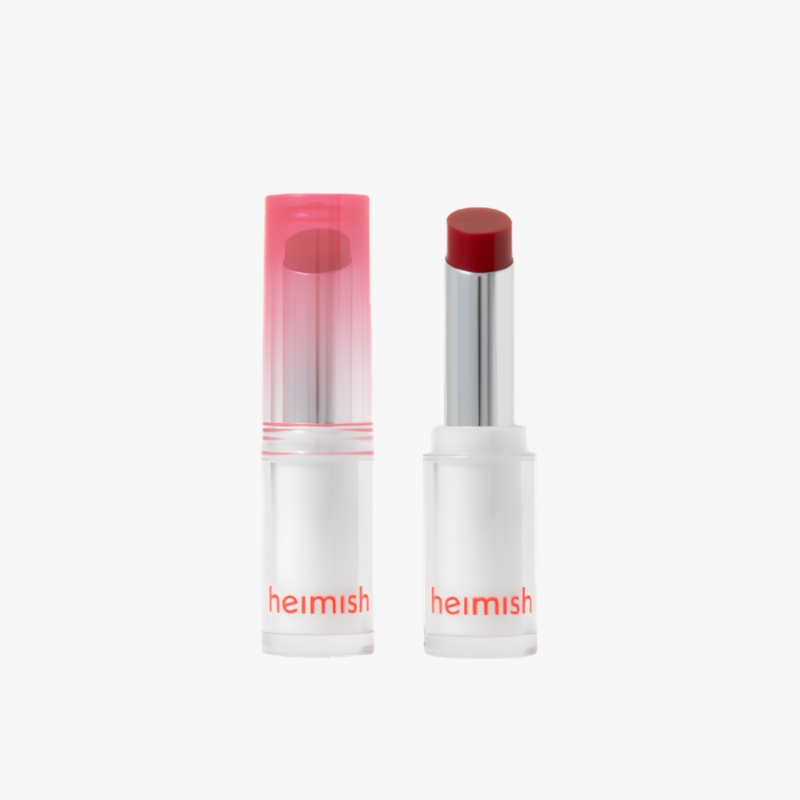 Heimish lipstick set with pink gradient cap and red bullet on a white background.