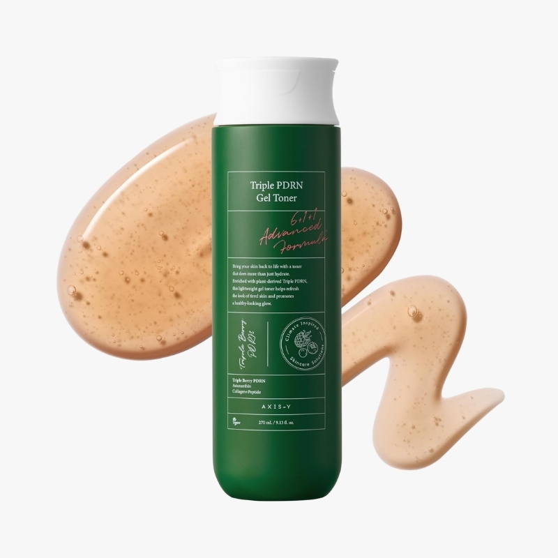 Green bottle labeled 'Triple PDRN Gel Toner' with white cap, AXIS-Y, surrounded by beige gel swirls as a product showcase.