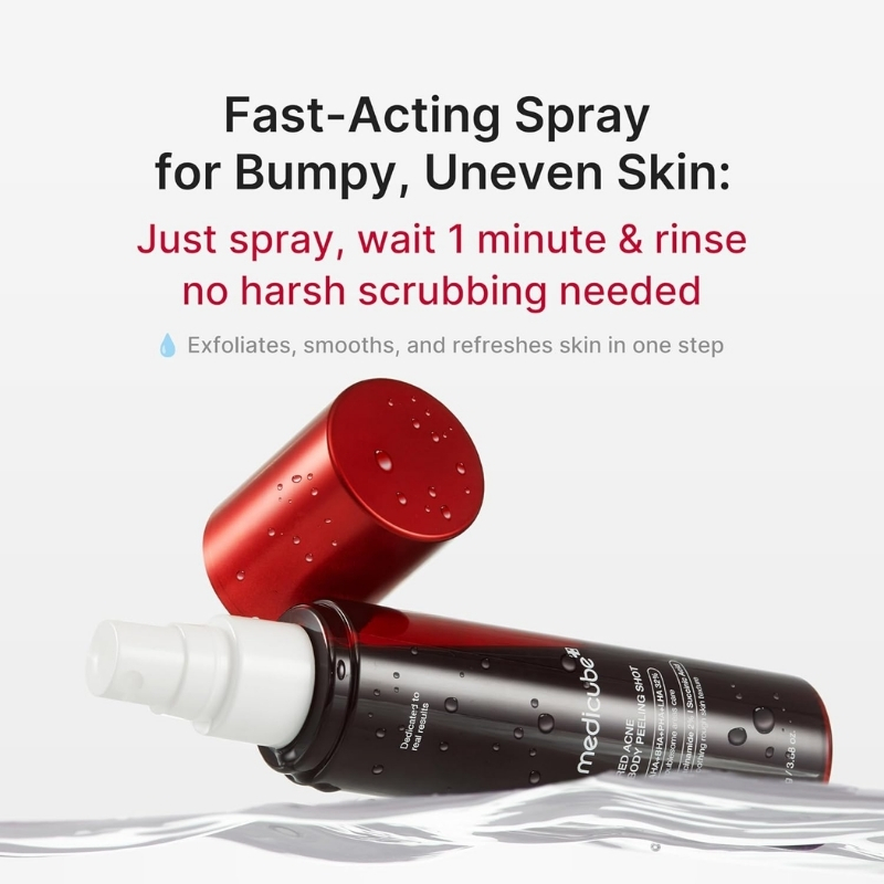Advertisement for a fast-acting skin spray; a black spray bottle with a white nozzle and red cap shown on a light background. It promotes exfoliating uneven skin in one step.
