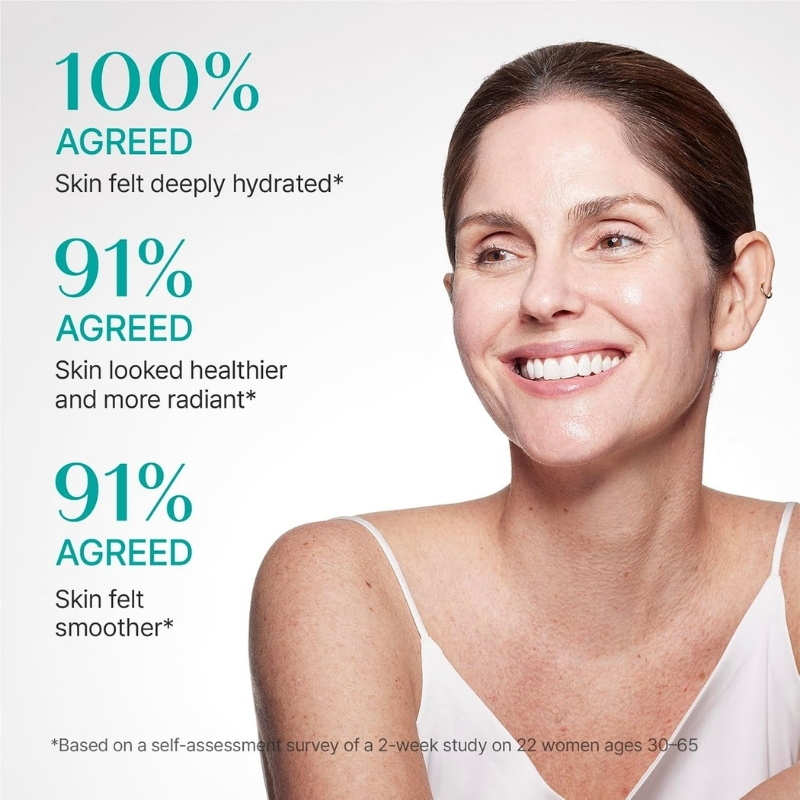 Smiling woman with clear skin on right; left side shows bold teal percentages and statements about hydrated, healthier, radiant, and smoother skin. Includes small footnote text at bottom.