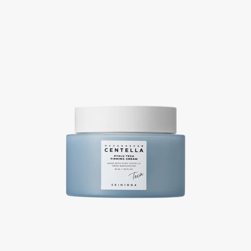 Blue jar of Centella Hyalu-Teca Firming Cream with a white lid on a white background