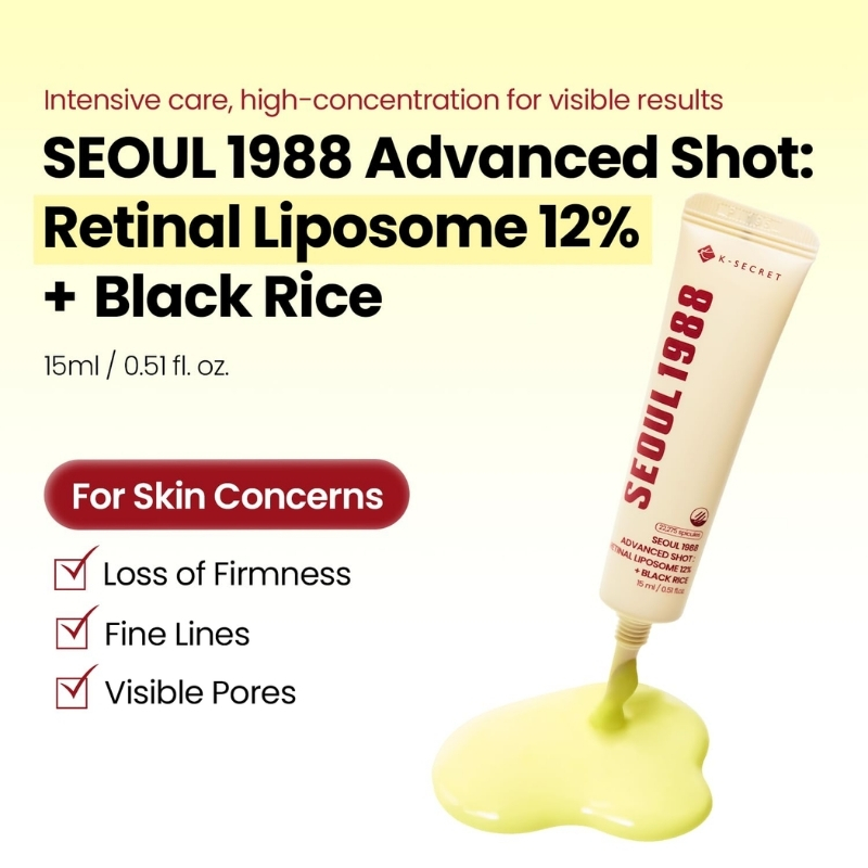 Skincare ad for Seoul 1988 Advanced Shot cream; tube pours pale yellow cream with a red 'For Skin Concerns' badge and a list: Loss of Firmness, Fine Lines, Visible Pores.
