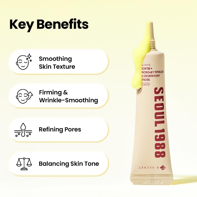 Key benefits list for a skincare tube: Smooth skin texture, Firming & wrinkle-smoothing, Refining pores, Balancing skin tone.