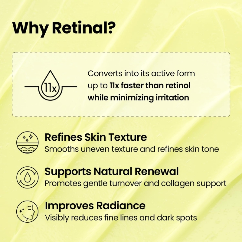 Infographic titled 'Why Retinal?' detailing benefits: faster activation (11x), less irritation, refined texture, renewed skin, radiant glow.