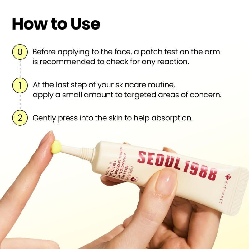 Three-step skincare patch-test guide with yellow button-like steps and a tube labeled Seoul 1988 being squeezed onto a fingertip (arm area referenced in steps).