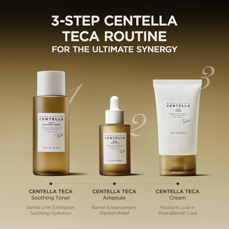 Lineup of three Centella Teca skincare products—Soothing Toner, Ampoule, and Cream—from left to right on a gold gradient background (3-step routine).Text: 3-STEP CENTELLA TECA ROUTINE FOR THE ULTIMATE SYNERGY is visible above.