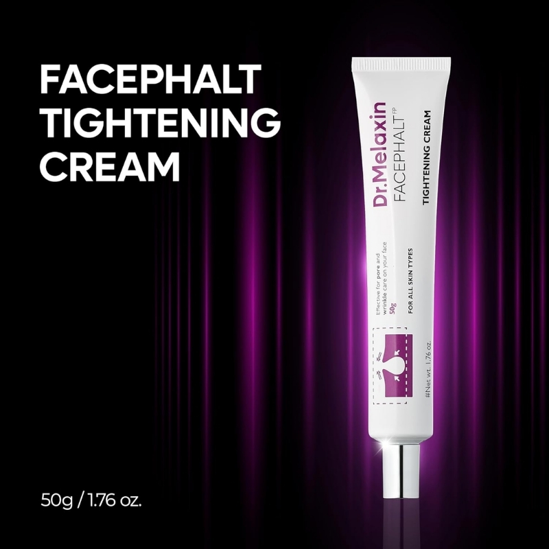 Tube of Dr. Melaxin Facehalt Tightening Cream standing upright on a reflective surface, with bold 'FACEHALT TIGHTENING CREAM' text on the left and size '50g / 1.76 oz' at the bottom.