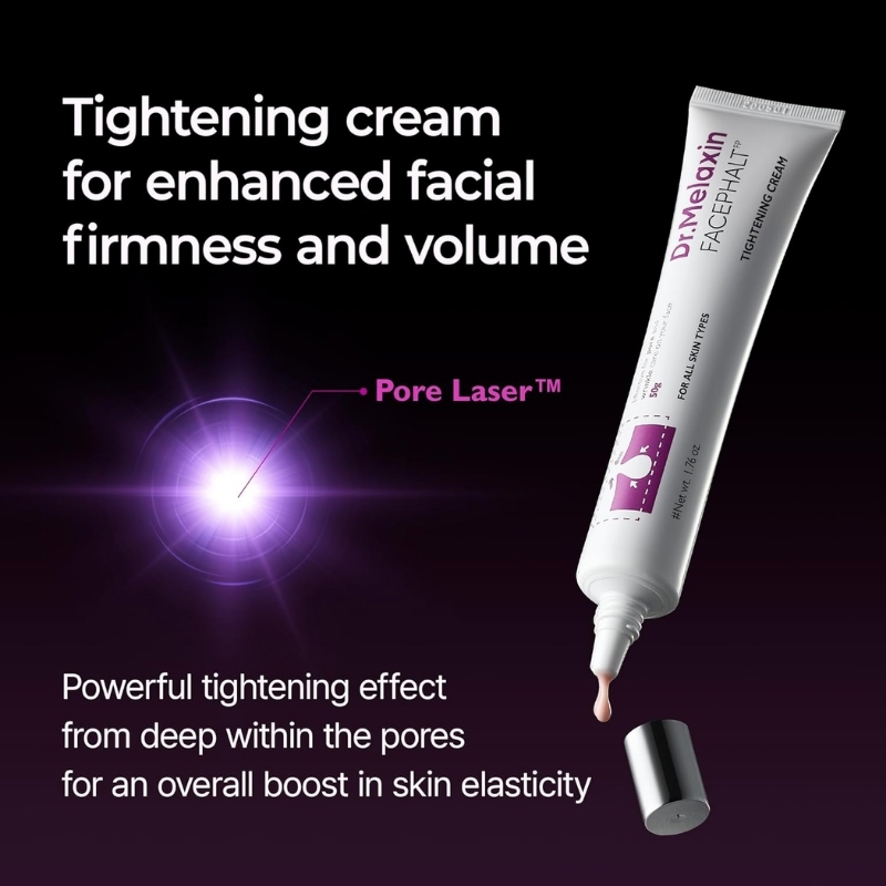 Ad for a facial tightening cream showing a white tube labeled 'Dr. M... Facelift Tightening Cream' angled on the right, with a purple glow and bold text about firmness and elasticity.