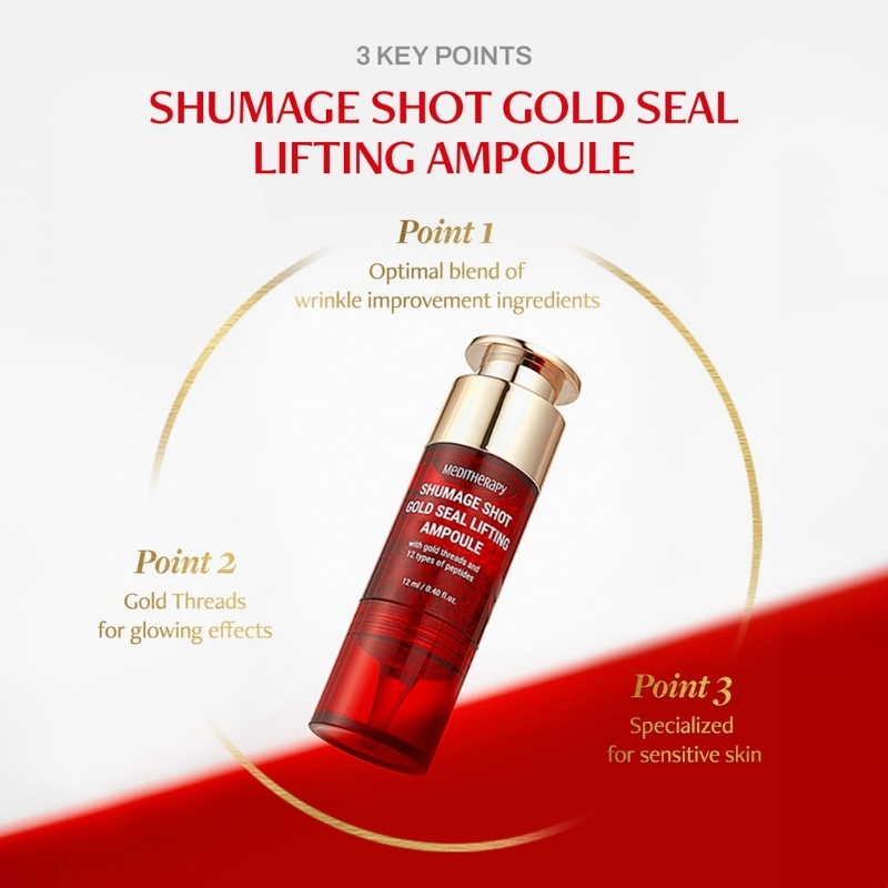 Product infographic featuring a red Shumage Shot Gold Seal Lifting Ampoule bottle with three points about wrinkle improvement, glow, and sensitive skin, set against a white and red background.